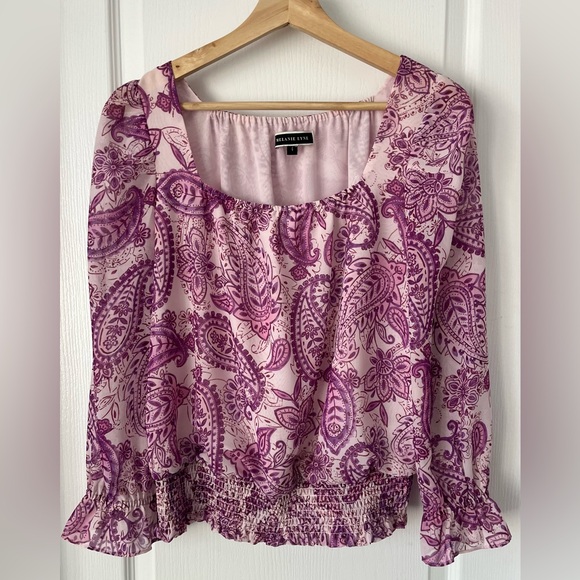 MELANIE LYNE-Paisley Smocked Waist Blouse Pink Purple Boho Top Size 4 - Picture 2 of 10